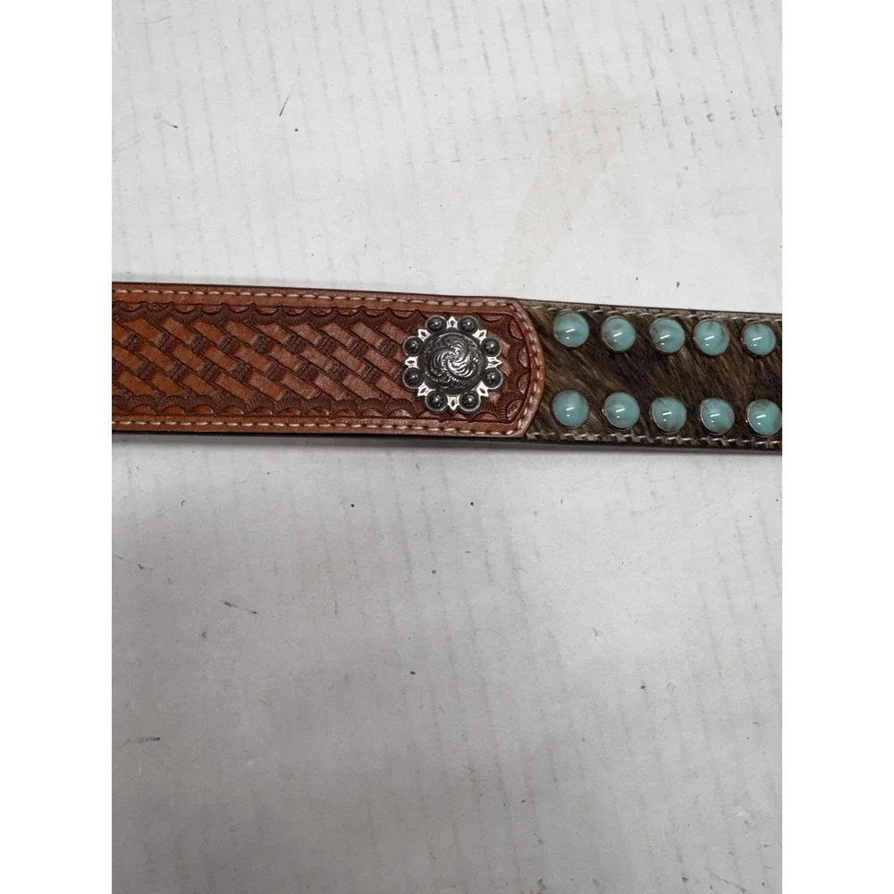 8893 Genuine Hand Tooled Leather 3D Cowhide Hair On Western Belt Size 44